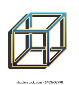 Wired cube sign with visisble ribs. Blue icon with gold contour with dark gray shadow at white background. Illustration.