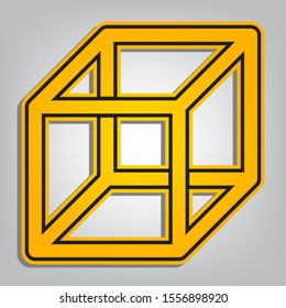Wired cube sign with visisble ribs. Flat orange icon with overlapping linear black icon with gray shadow at whitish background. Illustration.