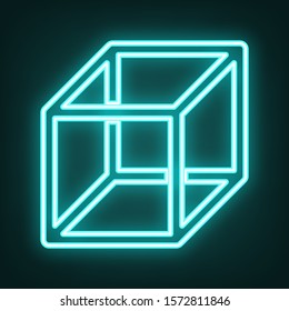 Wired cube sign with visisble ribs. Cyan neon icon in the dark. Bluring. Luminescence. Illustration.