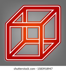 Wired cube sign with visisble ribs. Flat red icon with linear white icon with gray shadow at grayish background. Illustration.