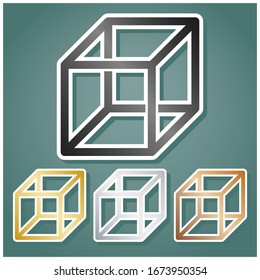 Wired cube sign with visisble ribs. Set of metallic Icons with gray, gold, silver and bronze gradient with white contour and shadow at viridan background. Illustration.