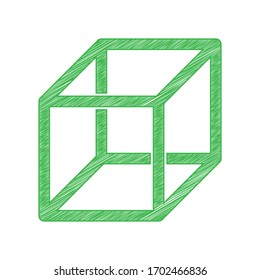 Wired cube sign with visisble ribs. Green scribble Icon with solid contour on white background. Illustration.