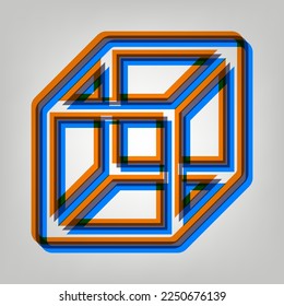 Wired cube sign with visisble ribs. Stroked Icon in orange, azure and old lavender Colors at gray Background. Illustration.