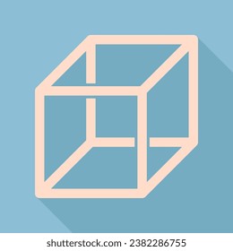 Wired cube sign with visisble ribs. Unbleached silk Icon with very long shadow at dark sky blue background. Illustration.