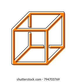 Wired cube sign with visisble ribs. Vector. Black line icon with shifted flat orange filled icon on white background. Isolated.