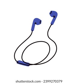 Aromas con cable. Auriculares pequeños con cable. Teléfonos de orejas cortadas, amigos. Accesorio de audio, equipo. Dispositivo estéreo, gadget para escuchar música. Ilustración vectorial plana aislada en fondo blanco