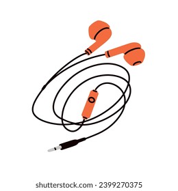 Wired earphones. Music earbuds with twisted cable. Corded ear phones, buds. Small audio accessory, stereo device, gadget. Flat vector illustration isolated on white background