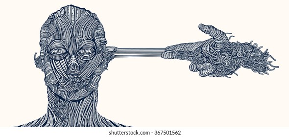 Wired face connected with gun shaped hand.