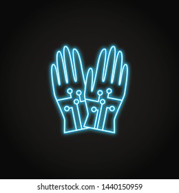 Wired gloves icon in neon style. Virtual reality technology equipment. Vector illustration.