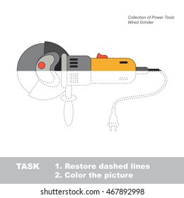 Wired Grinder in vector to be traced. Object from collection of engine tools. Restore dashed line and color the picture. Easy educational kid gaming with simple level of difficulty.