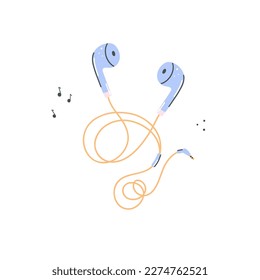 Wired headphone illustration. Cute kawaii earphone portable audio wired music device. Sound earbuds 
gadget isolated vector illustration in cartoon hand drawn doodle style