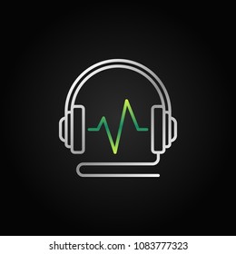 Wired Headphones with green sound wave concept vector icon or sign in thin line style on dark background