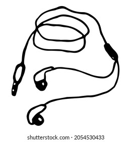 Wired headphones. Vector black and white image. Doodle, simple image. For icons, labels, children's books, companies.