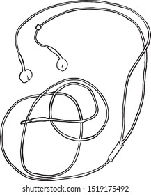 Wired headset doodle style vector illustration, black on white Background, hand drawing