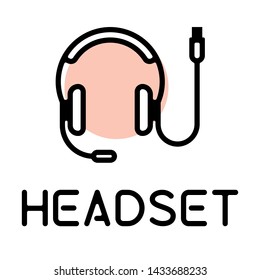 Wired headset with mic product type thin line style vector icon with text label