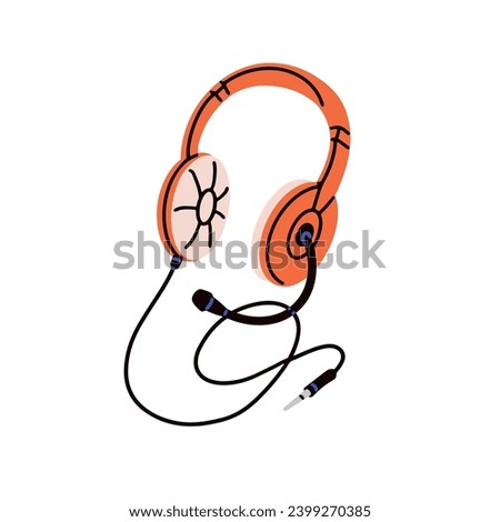 Wired headset with microphone. Corded headphones with mic. Earphones with mike, ear pads and cable. Audio sound communication hands-free device. Flat vector illustration isolated on white background