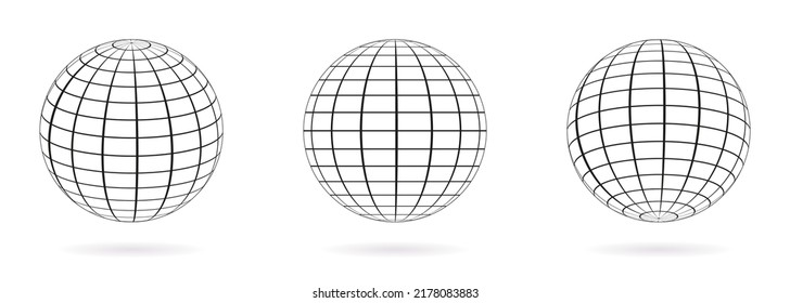 Wired Line 3D Planet Globe. Wireframe Globe Surface. Globe Grid Sphere Set. 3D Wire Global Earth Latitude, Longitude. Geometric Grid Globe. Round Grid Mesh Ball. Isolated Vector Illustration.