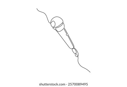 Wired microphone continuous line art drawing, Continuous single line drawing of microphone on mic stand, line art vector illustration.