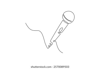 Wired microphone continuous line art drawing, Continuous single line drawing of microphone on mic stand, line art vector illustration.