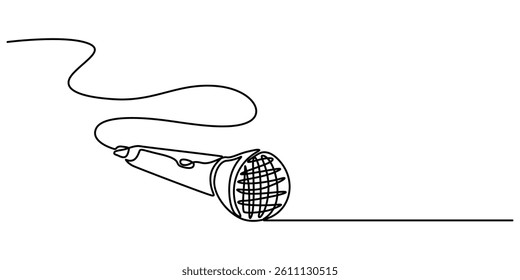 wired microphone continuous line art drawing, Retro microphone in one line drawing. Music and podcast recording tool, modern minimalistic linear design, one line drawing wired microphone pro vector.