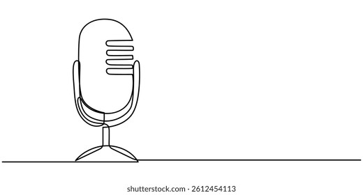 wired microphone continuous line art drawing, Podcast Streaming Continuous Line Editable Stroke Line, One continuous single drawing black line art doodle of Podcast microphone vector on white.