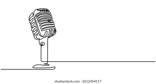 wired microphone continuous line art drawing, Podcast Streaming Continuous Line Editable Stroke Line, One continuous single drawing black line art doodle of Podcast microphone vector on white.