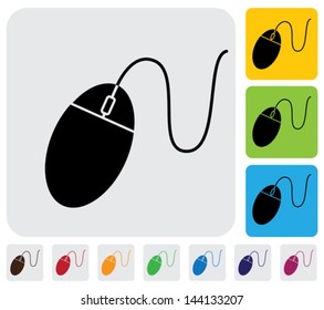 wired mouse icon(symbol) for PC or computer- simple vector graphic. The illustration has simple colorful icons on green,orange & blue backgrounds & is useful for websites,blogs,documents,printing,etc