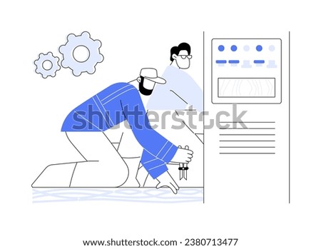 Wired networks abstract concept vector illustration. Professional technician installing optical fiber cable, wired network connection checking, wireline communicationle abstract metaphor.