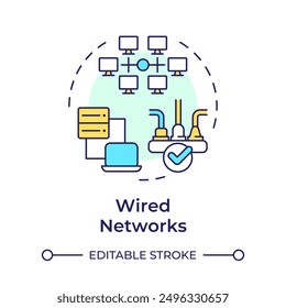 Wired networks multi color concept icon. Form of telecommunication. Data transmission. Cable connection. Round shape line illustration. Abstract idea. Graphic design. Easy to use in presentation