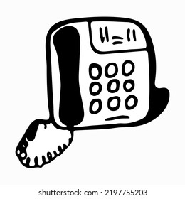 A wired phone drawn by hand. Isolated vector design in doodle style.
