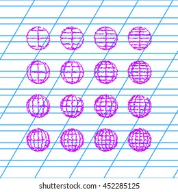 Wired spheres icons. Violet scribble icon with school paper.