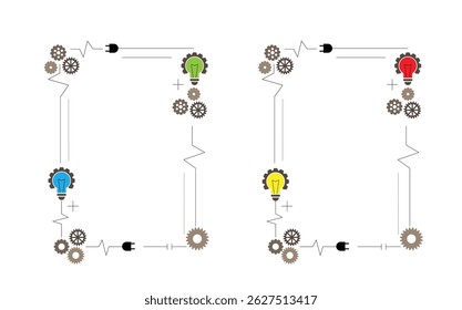 Kabelgebundene Technologie und Stromkreisrahmen mit Getriebe und Glühbirnen. Hightech-Minimalrahmen, Vektorgrafik