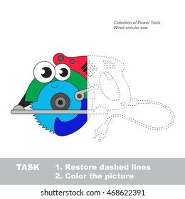 Wired Toy Circular Saw in vector to be traced. Object from collection of engine tools. Restore dashed line and color the picture. Easy educational kid gaming with simple level of difficulty.