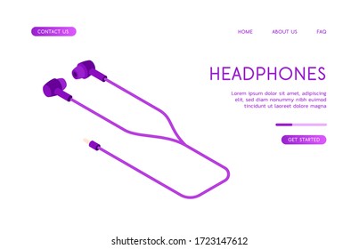 Wired vacuum headphones on a white background. Vector isolated isometric illustration in violet color. Suitable for use on forums / sites / blogs with a musical or technological theme.