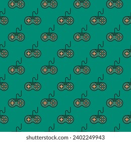 Wired Videogame Controller vector Gaming Device concept colored green seamless pattern