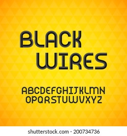 Wired wavy cable, black contour alphabet isolated on yellow triangle texture background, vector illustration
