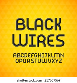 Wired wavy cable, black contour alphabet isolated on yellow triangle texture background, vector illustration