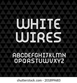 Wired wavy cable, white contour alphabet isolated on black triangle texture background, vector illustration
