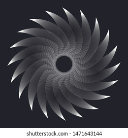 wired wheel symbol with swirl of curved wings in silver shades