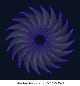 wired wheel symbol with swirl of curved wings in purple black shades