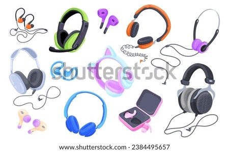Wired wireless earphones. Cartoon headphone and earbuds for listening music gadgets, big earphone with microphone or gamer headset, stereo sound accessory neat vector illustration of audio headset