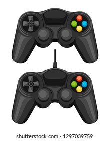 Wired and wireless game pad. Black video game controller. Gamepad for PC or Console gaming. Flat vector illustration isolated on white background.