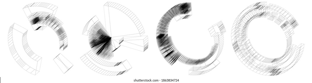 Wire-frame 3d Abstract Sci-Fi Object. Geometric Sci-fi or Cybernetics concept, Cyber segmented circle, ring design element. Abstract HUD, GUI, UI circular shape