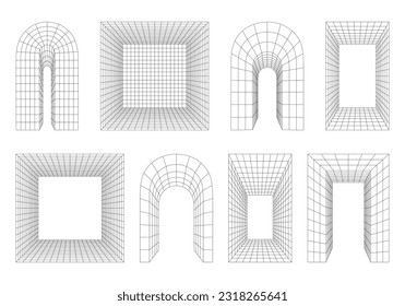 Wireframe 3D arch, arc, portal, gate. Perspective rounded and rectangular shapes, distorted grid, 3D Technology Mesh. Abstract architecture arch. Set of Brutal graphic design elements.