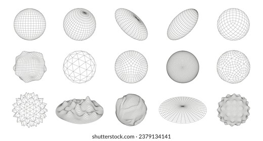 Wireframe 3D circle grid shapes. Geometric sphere mesh, abstract round figures vector set with editable stroke paths. Digital futuristic elements, various surfaces and round isolated models