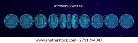 Wireframe 3D Coins on Dark Background Turntable With Editable Stroke For Animation, Game Design And Digital Modeling, Featuring Multiple Rotational Views. Wireframes Money Concept. Vector Illustration