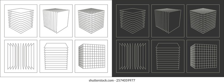 Wireframe 3D cube shapes vector. graphic asset in a retro futuristic style, featuring wireframe elements in various forms and bold modern shapes, ideal for design templates, posters, banners, clothing