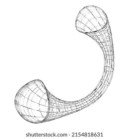 Wireframe-3D-Figur mit gebogener Form auf weißem Hintergrund. Vektorgrafik.