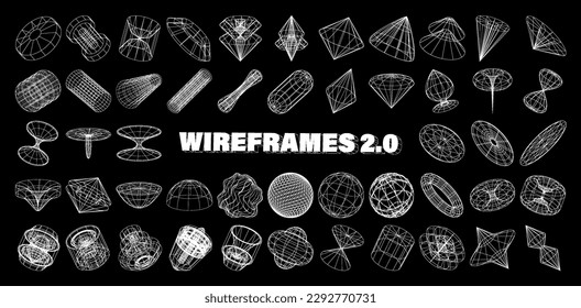 Wireframe 3D geometric shapes, fi holograms, futuristic mechanisms, engine blueprint, retrofuturistic forms in perspective, frontal, isometric view. 3D wireframe cyberpunk elements. Vector y2k set