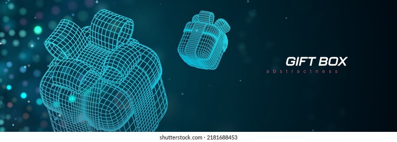 Wireframe 3d gift boxes on abstract futuristic blue background with blue dots. Win prizes cyber web banner